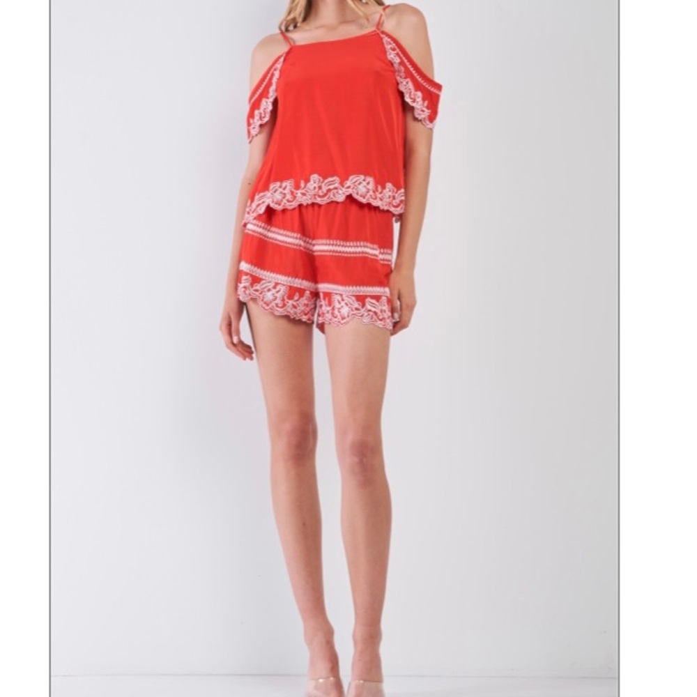 2 Piece Red Tribal Floral Embroidery Cold Shoulder Short Set